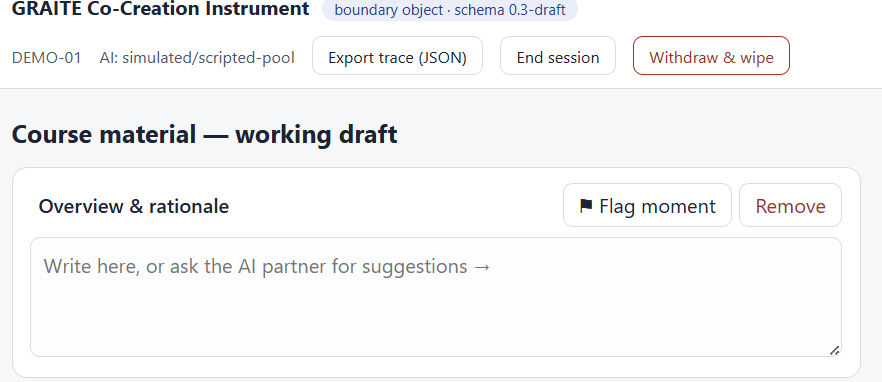 GRAITE Co-Creation Instrument: a co-creation interface showing course material in draft, with controls for flagging moments and removing content.
